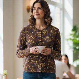 VTG IORI Floral Cardigan Sweater Brown Yellow Purple Crew Neck |Size Medium|